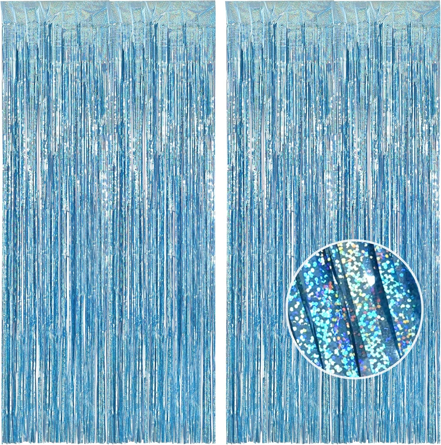 BRAVESHINE Blue Foil Fringe Curtain Party Backdrop - Metallic Tinsel Curtains Streamers Party Decor for Frozen Winter Kids Christmas Mermaid Ocean Sea Animal Theme Birthday Decorations - 2 Pcs 1x2.5m
