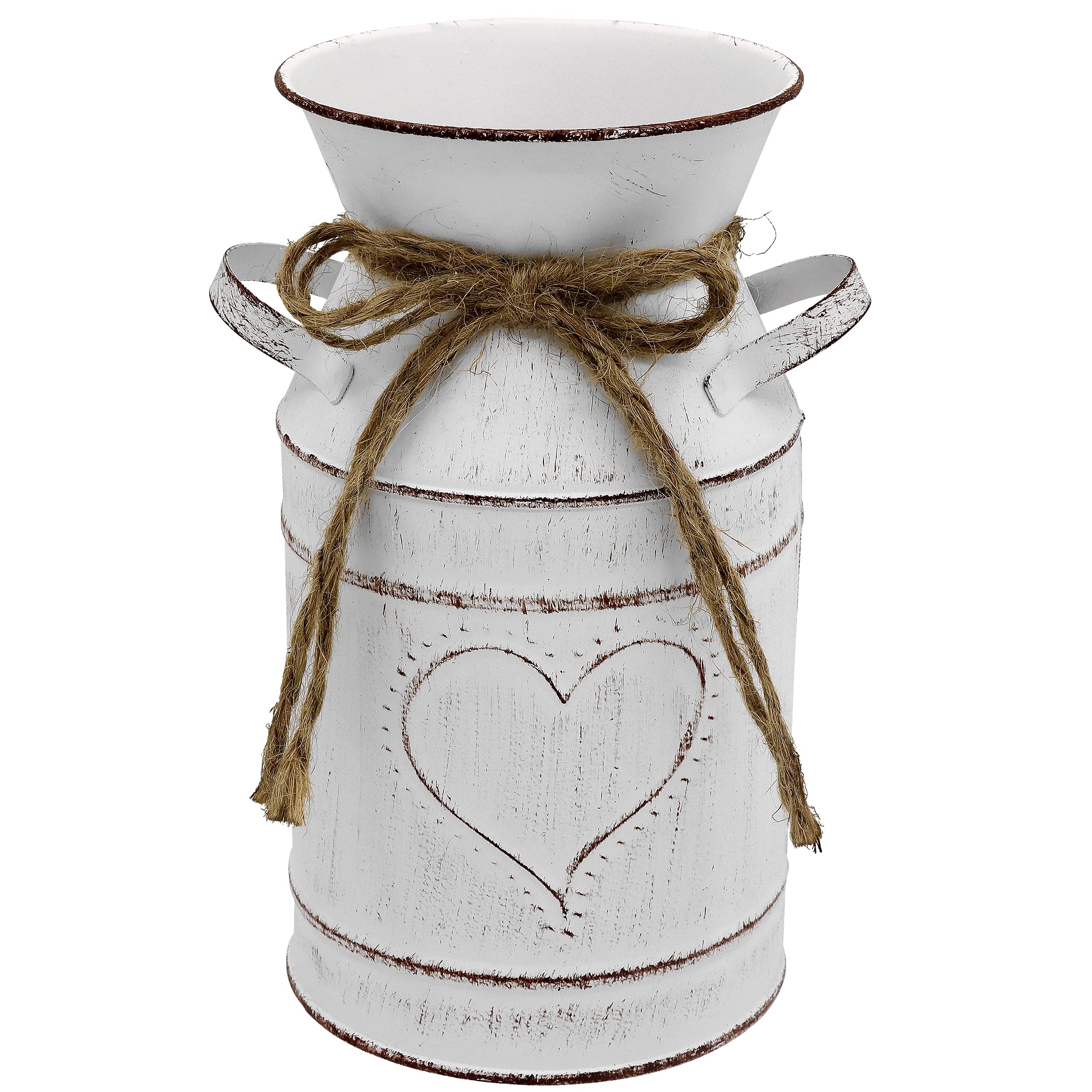 Fovasen Romantic Heart-Shaped Rustic Milk Can French Style Country Primitive Jug Vase, Farmhouse Decor Metal Flower Pitcher Vase Galvanized Bucket for Kitchen Bathroom Home Weddings Office -7.8" H