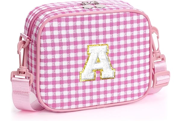 YOOLIFE Birthday Gifts for Girls Personalized Initial Crossbody Bag Pink A | 2 3 4 5 6 7 8 Year Old Girl Birthday Gift, Checkered Crossbody Bag for Girl Kid, Gifts for Daughter Little Girls Purse