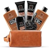 YARD HOUSE Luxury Mens Bath and Body Gift Set Basket For Him - Smoky Sandalwood - All Natural Skin Care Kit For Men w. Full Size Body Wash, Facial Scrub, Body Lotion, Deodorant in Leather Toiletry Bag