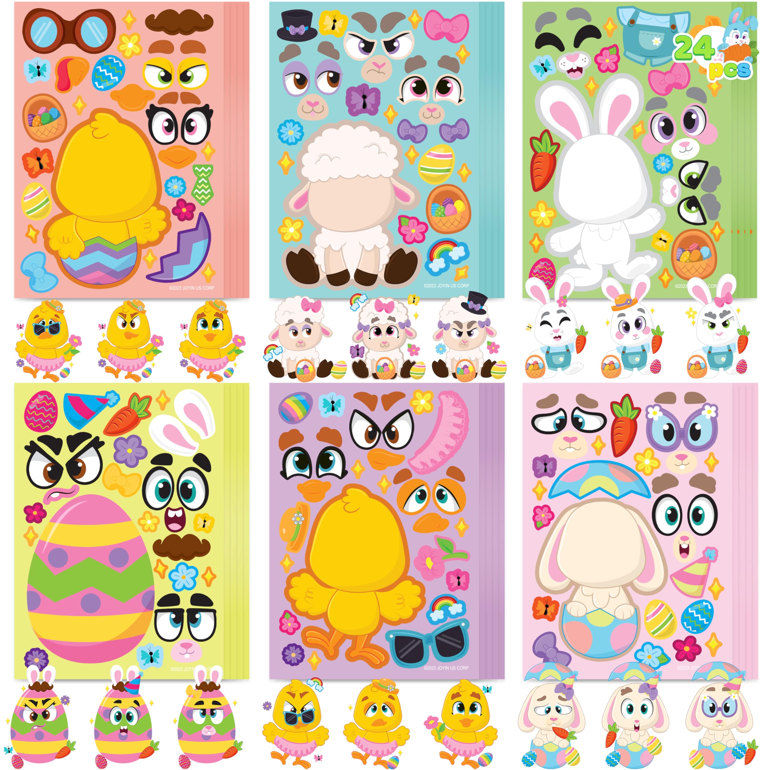 JOYIN 24 PCS Easter Match Make a Face Stickers with Easter Egg Themed Chick Bunny Sheep Egg Pattern, Stickers for Kids, Decorations for Water Bottle, Basket Stuffers, Classroom Gifts
