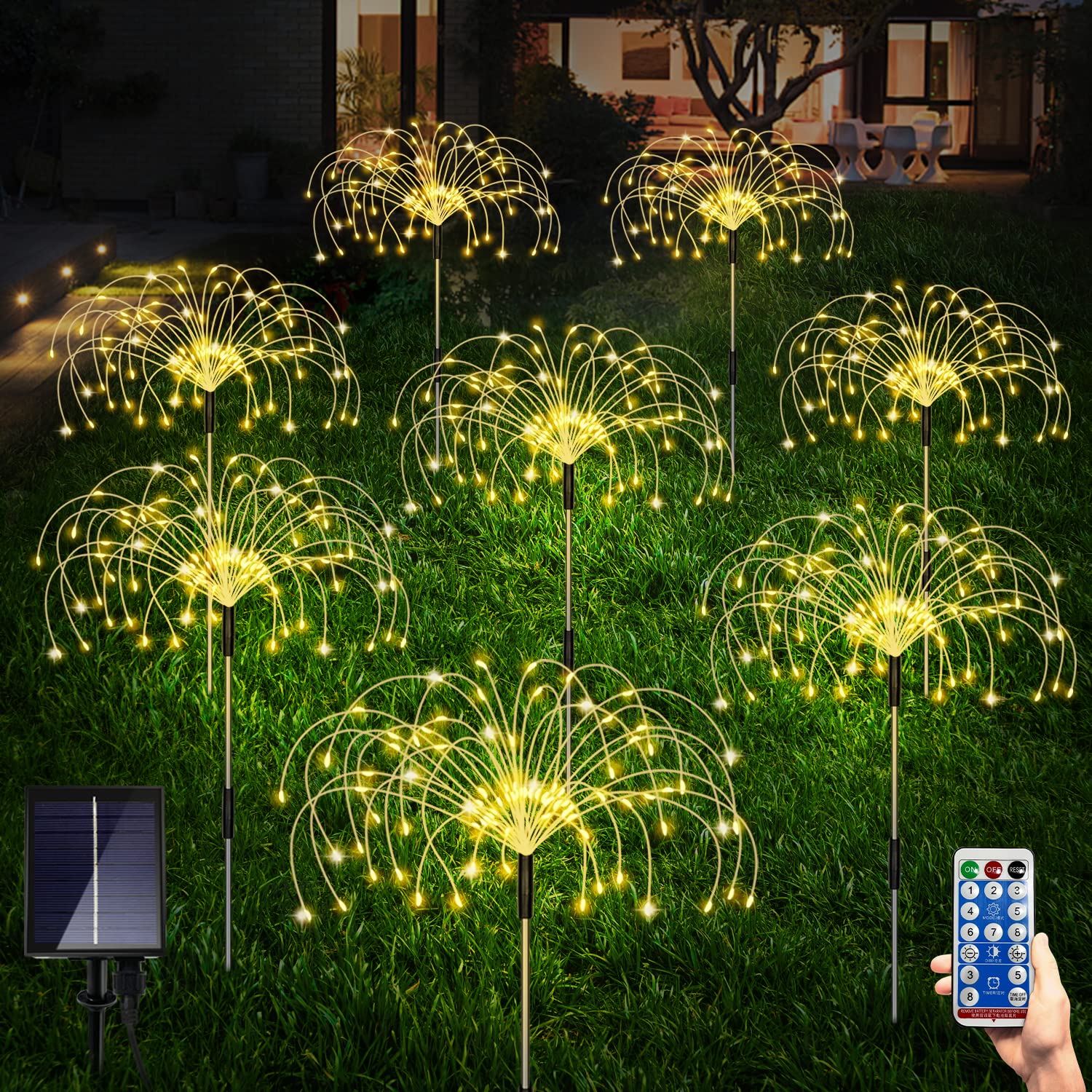 Photo 1 of Maleyt Solar Garden Lights 8 Pack, Solar Powered Outdoor Decorative Lamps, 120 LED Solar Firework Lights with Remote Control, 8 Modes Waterproof DIY Landscape Lighting for Backyard Garden Decoration