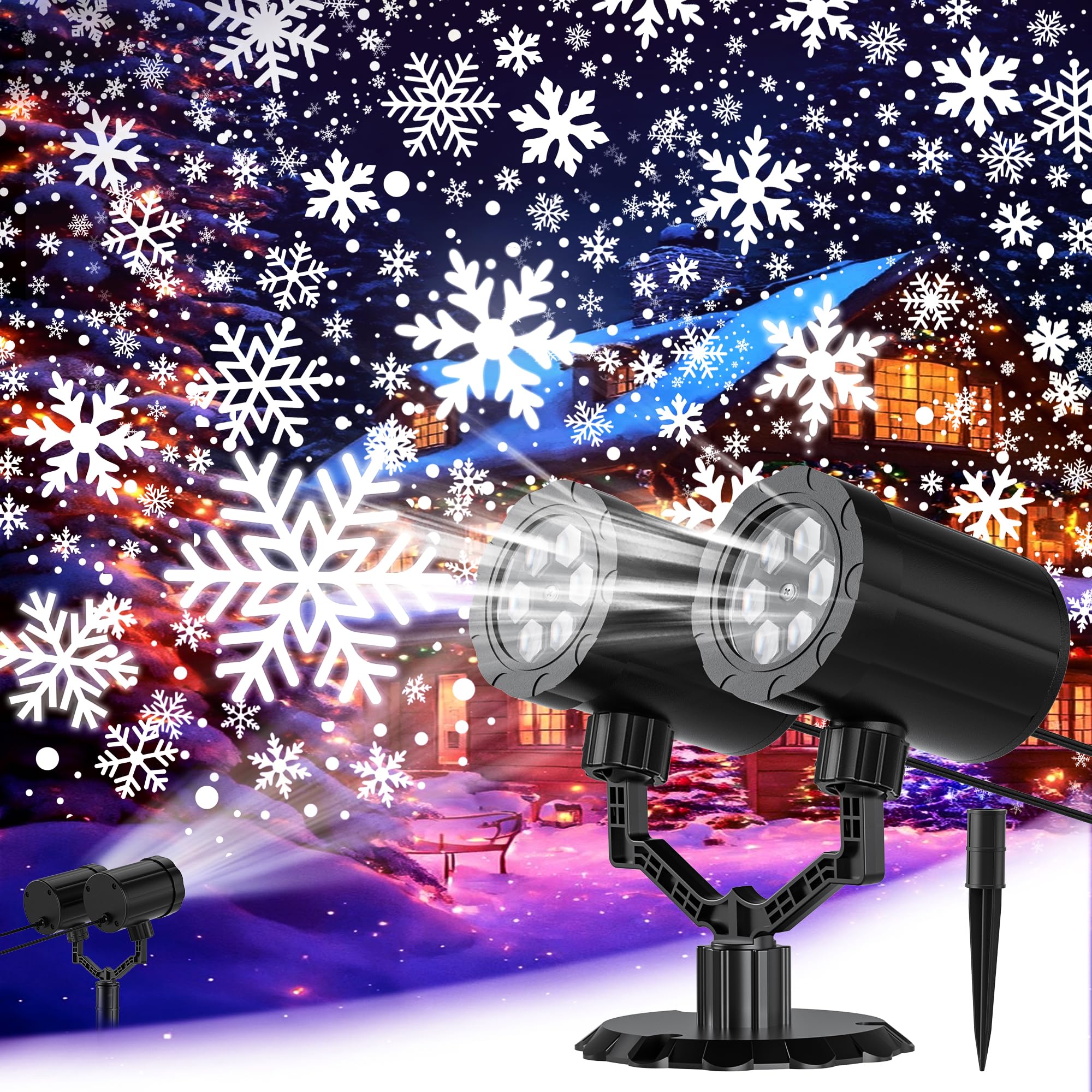 Photo 1 of ***MISSING POWER CORD*** Christmas Projector Lights Outdoor, GUSODOR Dynamic Snowflake Projector IP65 Waterproof 360°Rotating LED Projection Lights for Indoor Outdoor Christmas Decoration, Holiday, Yard Decor-Dual-Head A