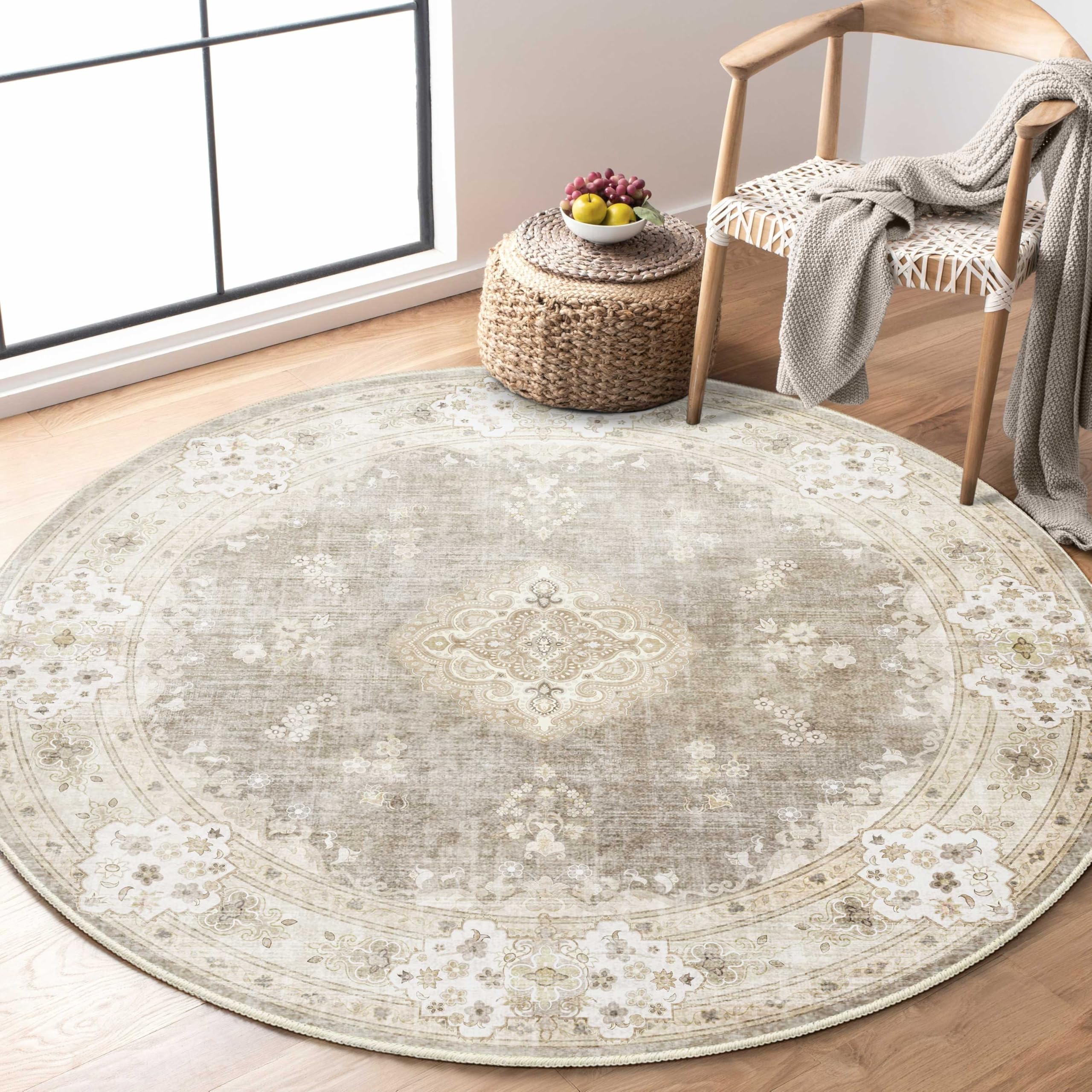 Photo 1 of MUJOO Beige Round Rug 4ft,Circle Washable Area Rugs for Bedroom Living Room Bathroom,Vintage Bohemian Distressed Farmhouse Non Slip Circular Carpet,Floral