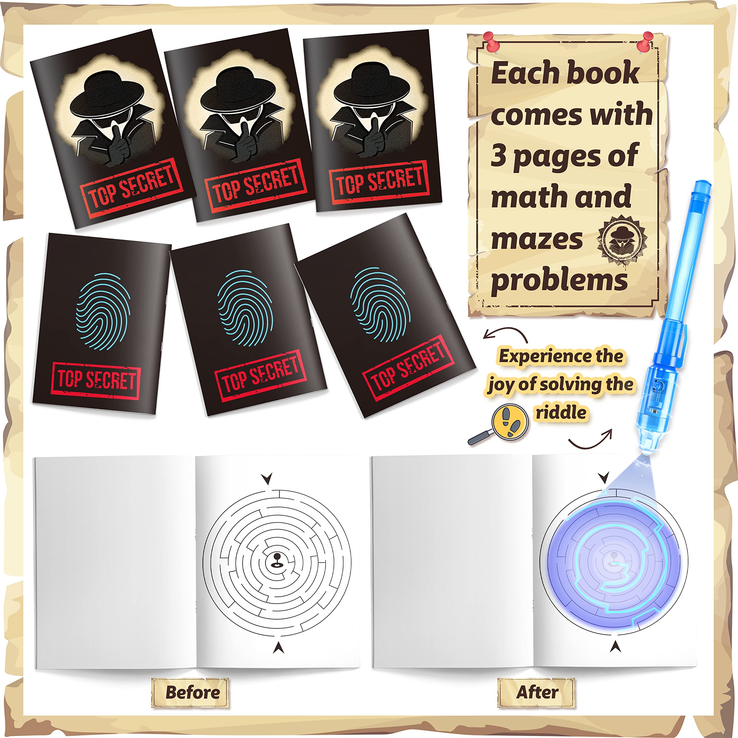 GIFTINBOX Invisible Ink Pens with UV light for Kids, Spy Pen Party Favors for Kids 8-12, 24Pack Invisible Ink Pen and Notebook, Magic Marker for Secret Message Birthday Party Favors for Kid 4-8