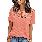 OFEEFAN Womens Tops Dressy Casual Short Sleeve Shirts Boho Crochet Lace Waffle Knit Plus Size Fashion Clothing