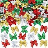 JUNEBRUSHS 180Pcs Christmas Mini Bows, Glitter Small Bows Xmas Red Green Gold Silver Tiny Bows Holiday Handmade Ribbon Ornaments for DIY Crafts Making Supplies Christmas Tree Decoration