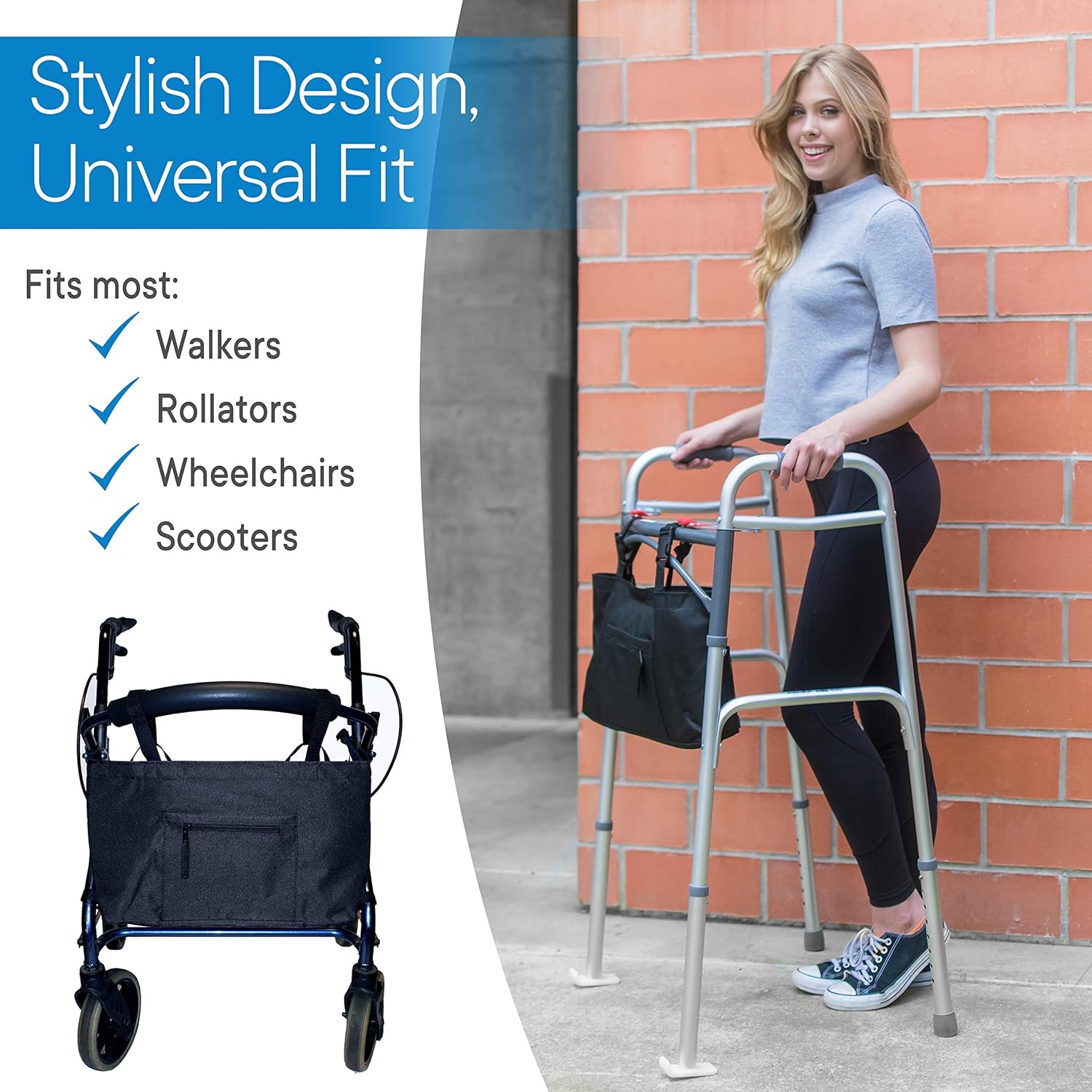 RMS Walker Bag with Soft Cooler - Water Resistant Tote with Temperature Controlled Thermal Compartment, Universal Fit for Walkers, Scooters or Rollator Walkers (Black): Health & Personal Care