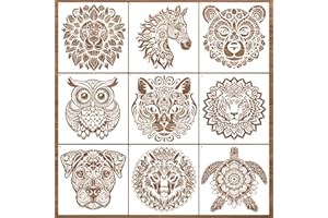 AFRITEE 9 Pcs Mandala Stencils for Painting on Wood, 12x12 Inches Large Reusable Animal Painting Stencil for Wood Burning, Turtle Tiger Wolf Crafts Drawing Spray Paint Template for Home Wall Canvas Decoration