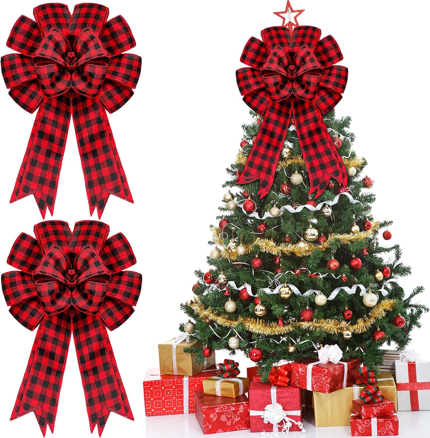 Bows & Ribbons - WILLBOND 2 Pieces Large Burlap Bow Christmas Burlap Bows Burlap Bowknot Handmade Burlap Decorative for Christmas Tree Festival Holiday Party Decoration Supplies (Red Black Plaid)