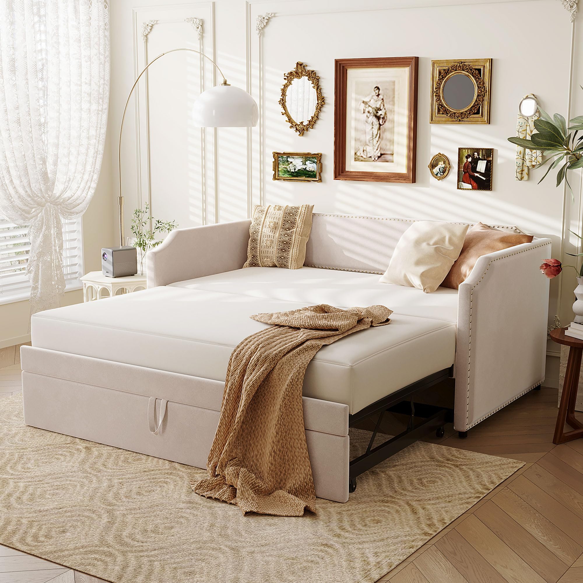 Photo 1 of ***PARTIAL SET - Box 1 of 2 Only***Merax Velvet Upholstered Daybed with Pop Up Trundle Twin to King Desigin, Twin Size Extendable Sofa Bed, Easy Assembly,No Box Spring Needed, Beige