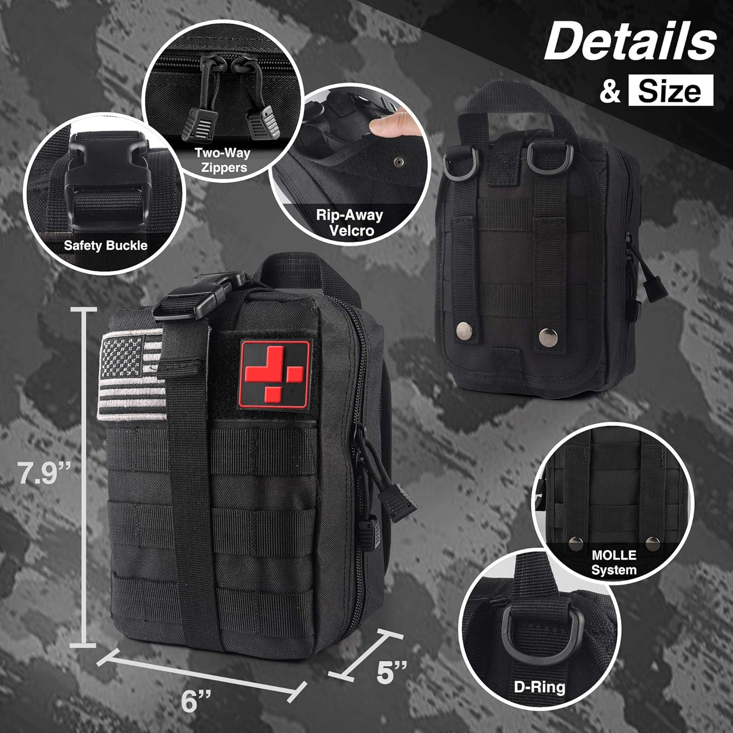 Emergency Survival First Aid Kit with Tourniquet, 6" Israeli Bandage, Splint, Military Combat Tactical Molle IFAK EMT for Trauma Wound Care, Battle, Bleeding Control and More (Black): Health & Personal Care