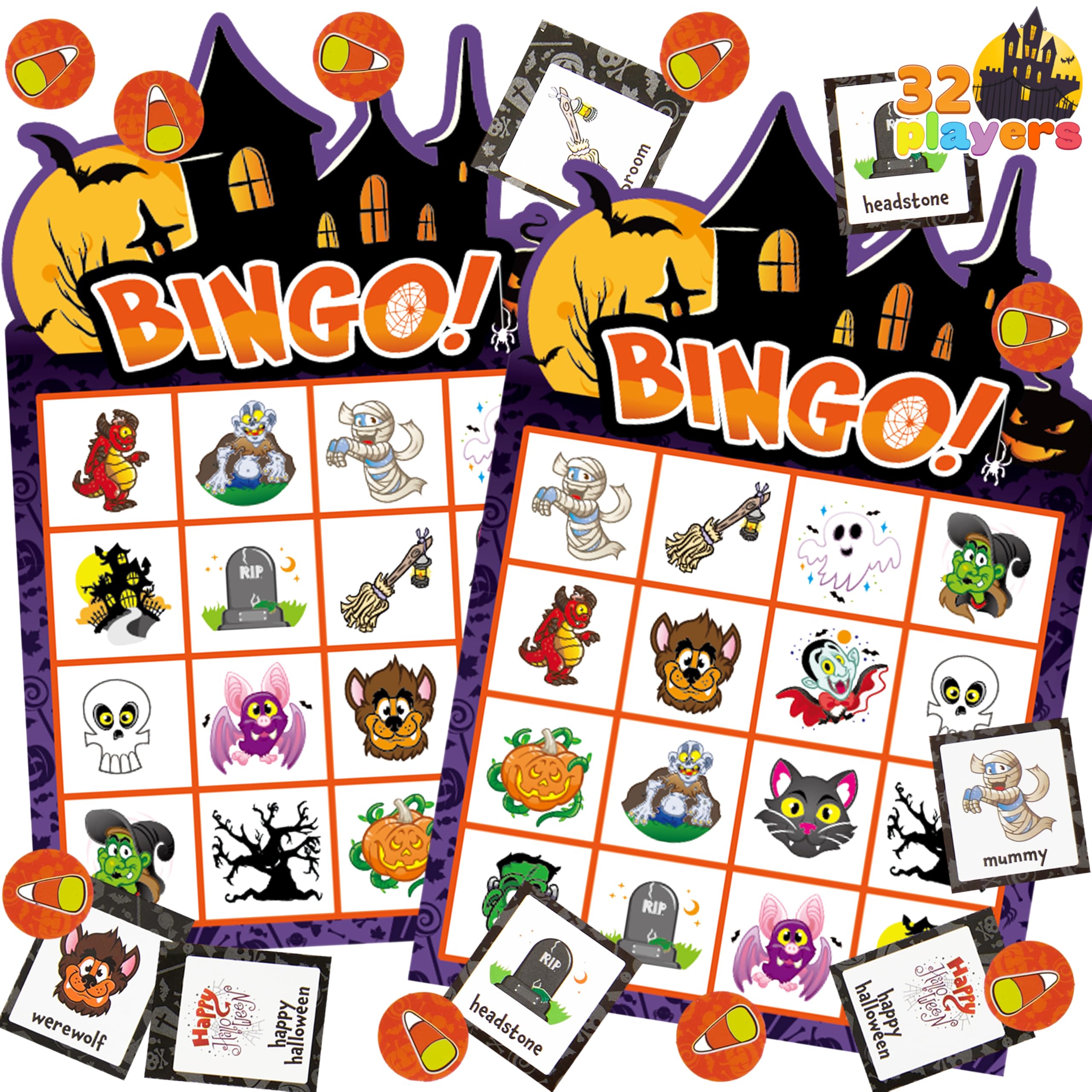 Photo 1 of JOYIN 32 Players Halloween Bingo Game, Kids Bingo Cards Set for Large Group School Classroom Family Activities, Halloween Party Games, Halloween Party Supplies Card Game