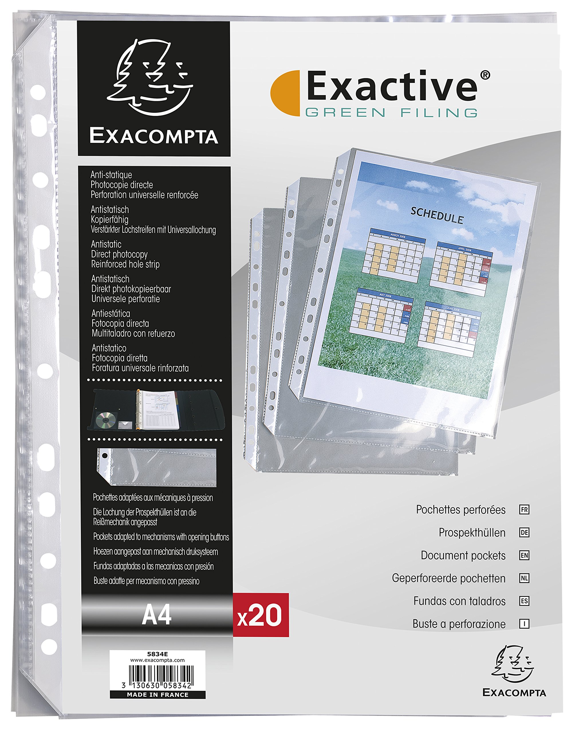 Exacompta - Ref 5834E - Exactive - PP Punched Pockets - Suitable for A4 Documents, Portrait Orientation, 0.55mm Polypropylene, Pre-Punched Left Tabs - Bag of 20