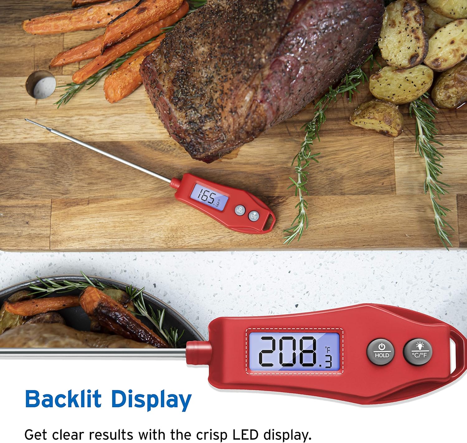 Etekcity EMT100 Meat Thermometer with Backlight Display for Food, Kitchen, Cooking, Baking, Candy, Grilling, Smoking&BBQ, 5" Long Probe with Magnet, Red: Kitchen & Dining