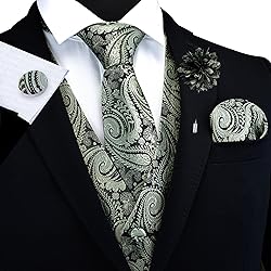 GUSLESON Sage Green Vest Paisley Suit Vest Tie and