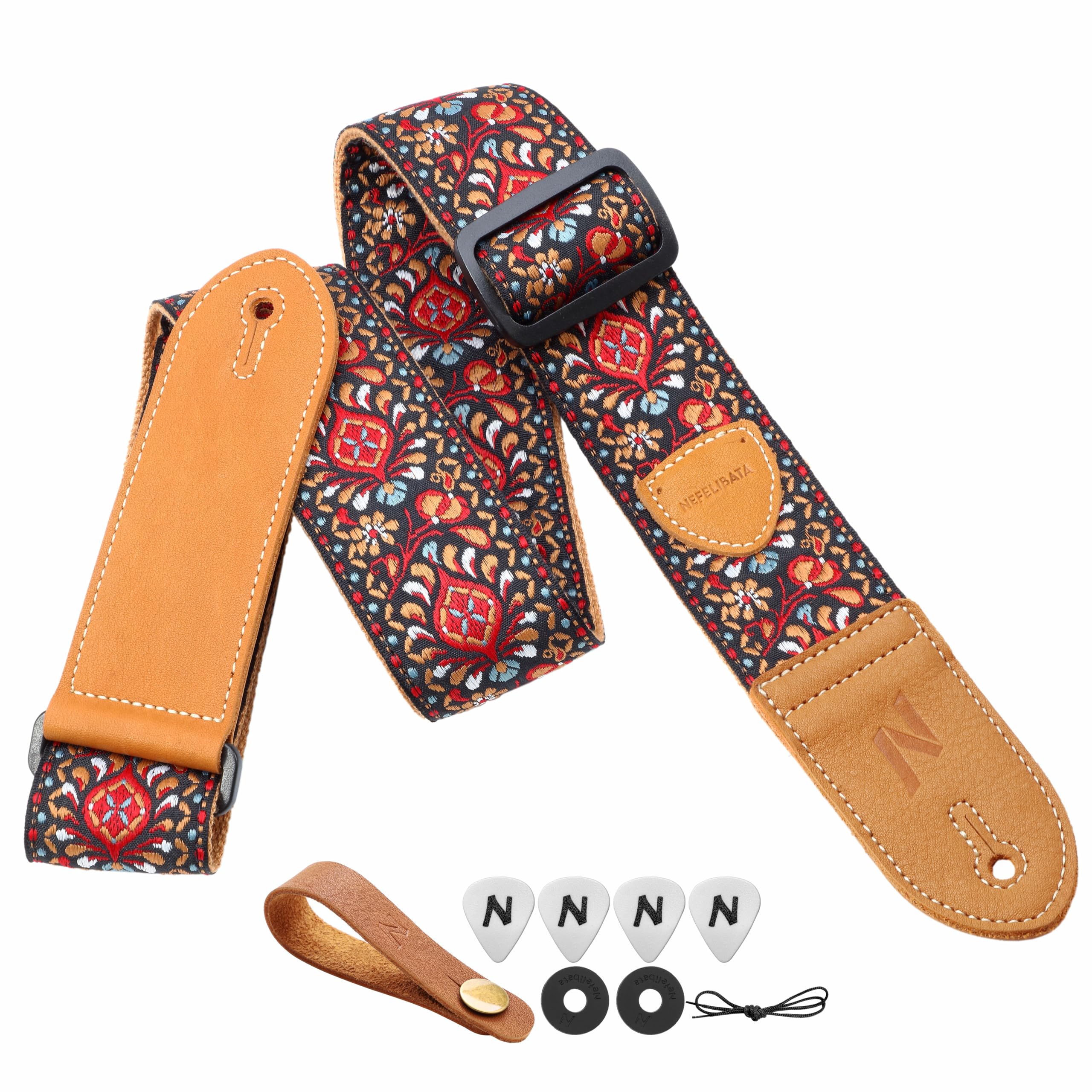 Nefelibata Guitar Strap,Double leather ends,Vintage Woven W/FREE BONUS-4 Picks+Strap Locks+Strap Button,Best Gift For Bass,Electric&Acoustic Guitars for Guitar(Vintage red yellow embroidery)