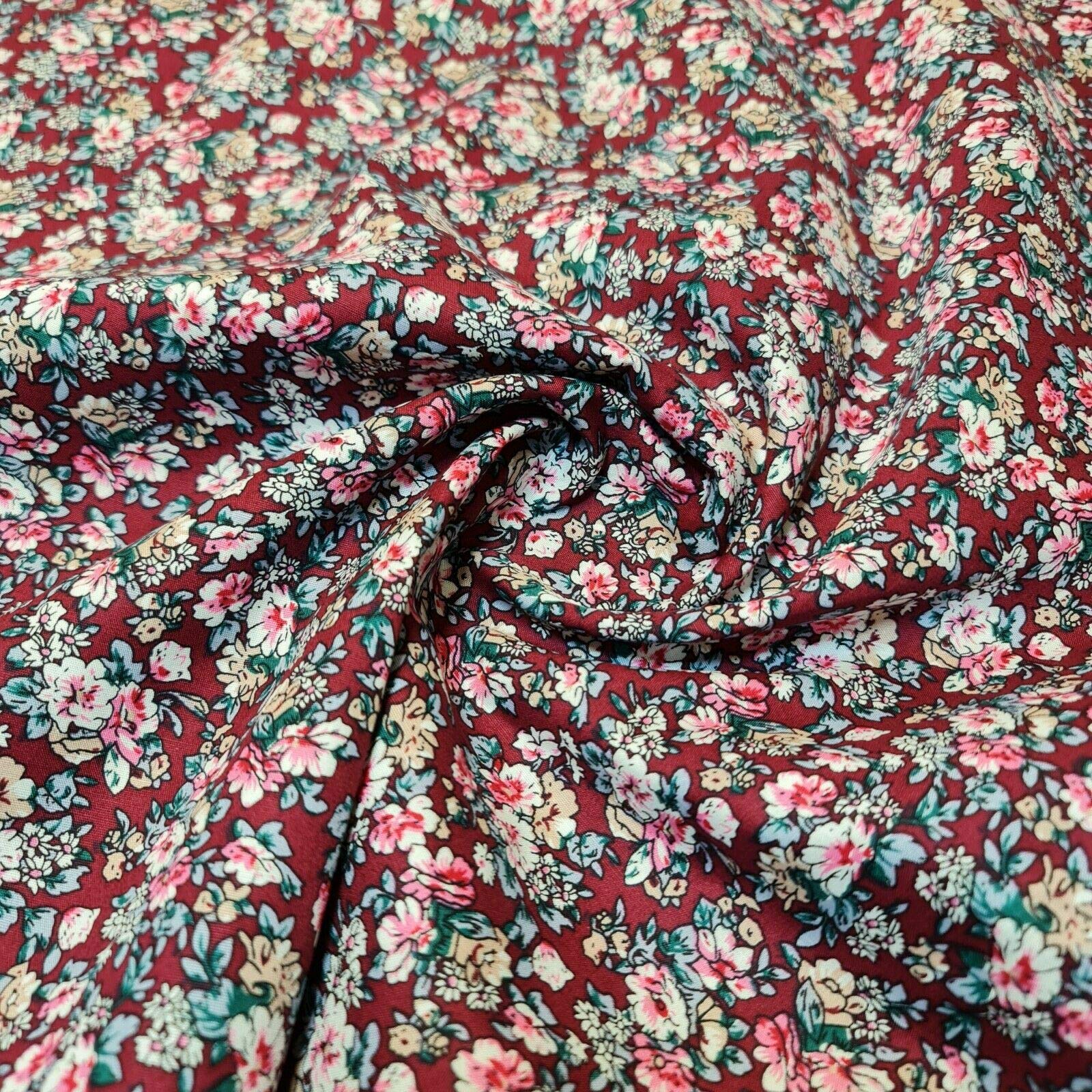 100% Cotton Poplin Daisy Flower Print Fabric Dress Craft Soft Fabric 58" (Cerise Base, 1 Meter) — image 1