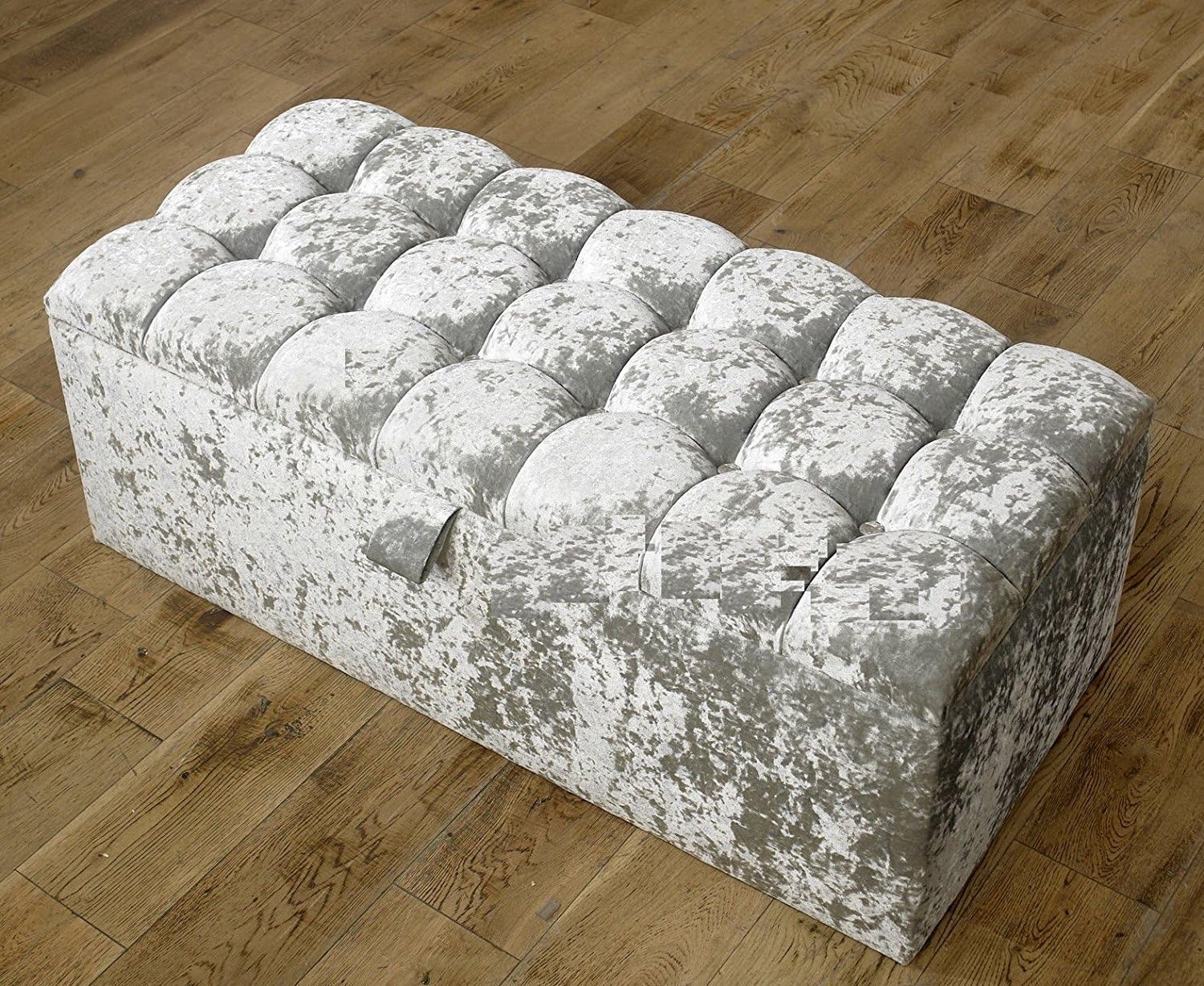 Beautiful Large (GREY) Crushed Velvet Fabric Crystal Diamante ottoman storage box blanket box