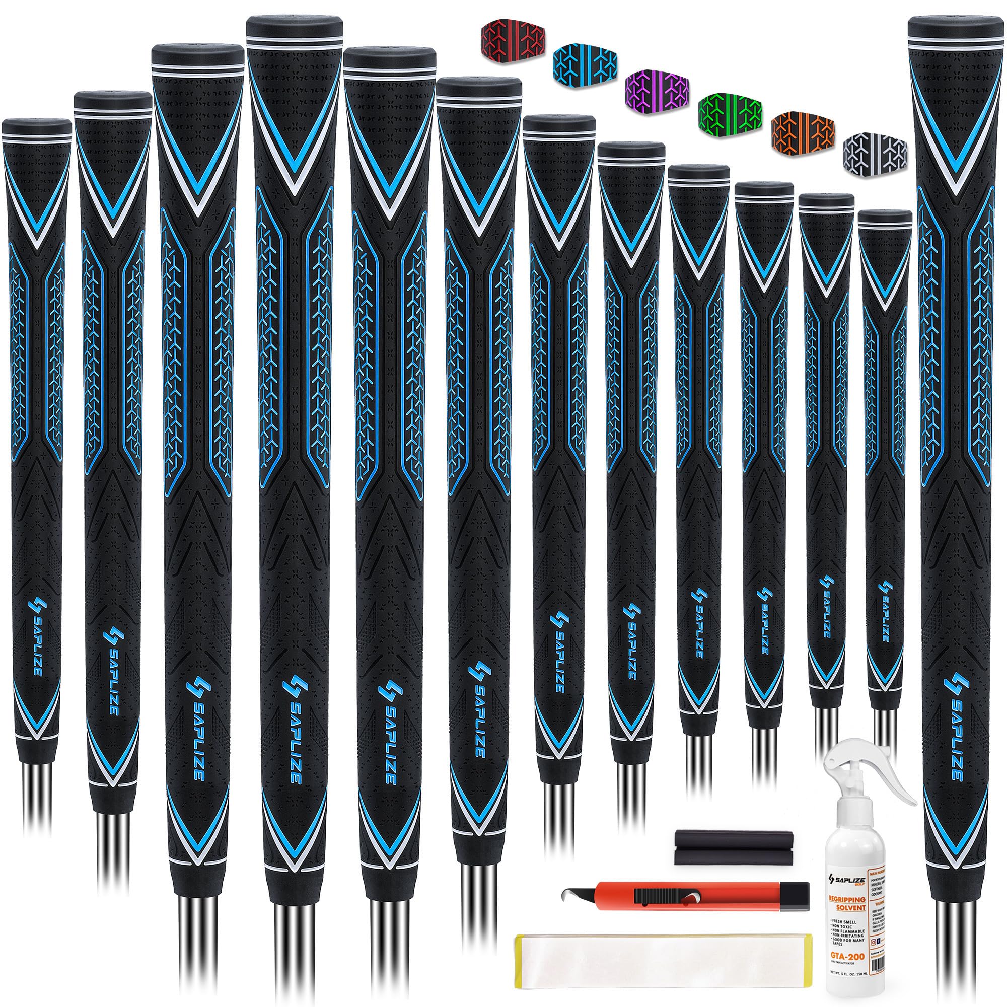 SAPLIZE High-Performance Rubber Golf Grips 13 Pack, High Shock Absorption, Non-Slip, Choose from 13 Grips with 15 Tapes or 13 Grips with All Kits, Available in Standard/Mid/Jumbo Sizes, CC10 Series