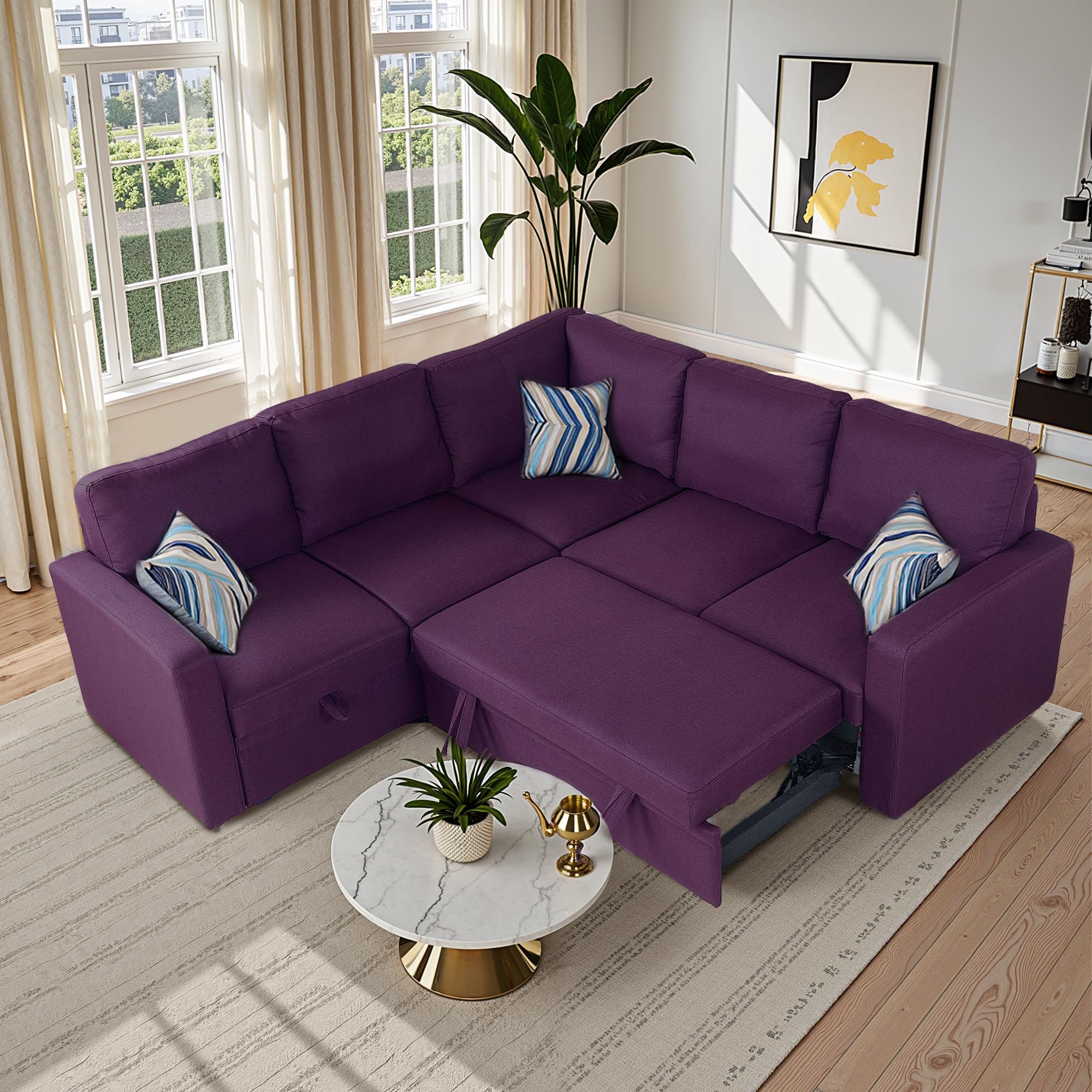 Photo 1 of Trygoal Sleeper Sofa Couch with Pull Out Bed, L Shaped Couch Bed with Storage, Sectional Sleep Couches, Convertible Sleeper Sofa Beds W/Reversible Chaise&Back Cushion for Living Room, Purple
