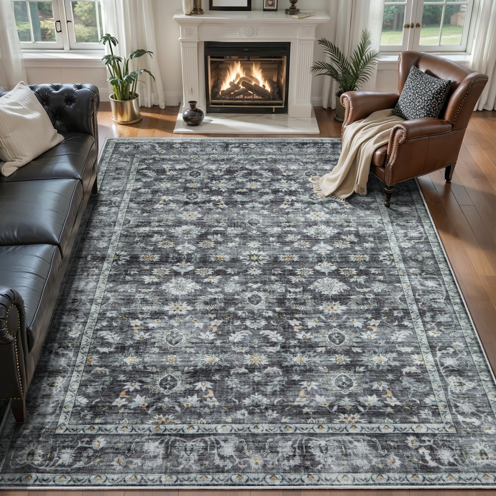 Ciicool Grey Floral Area Rugs 4x6 Washable Rug for Living Room Boho Indoor Non-Slip Carpet Soft Low Pile Bedroom Dining Room Rug Suitable for Playroom Laundry Office Home Decor