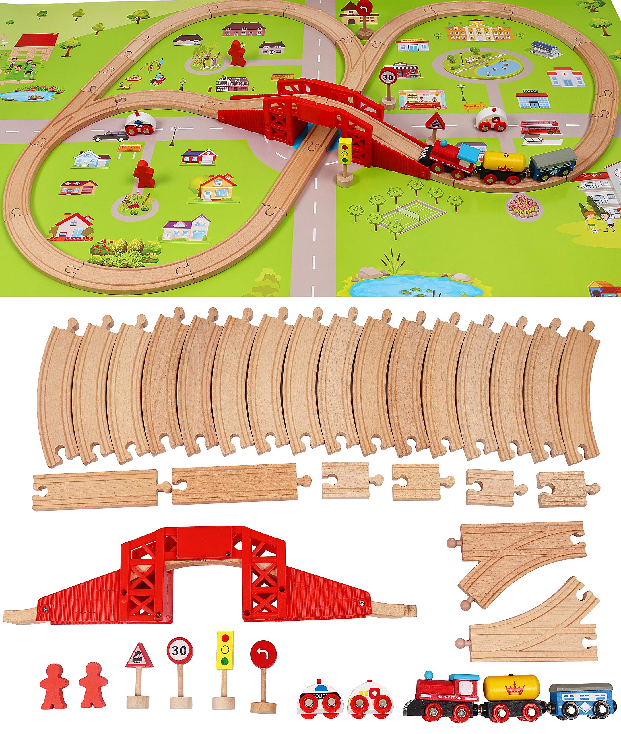 TOWO Wooden Train Set with Town Map-Shinington Railway Track Construction Building Toys for 3 years old Kids Boys Girls-Vehicles Transport Wooden Toys Gift for Toddlers 3 4 5 Years Old