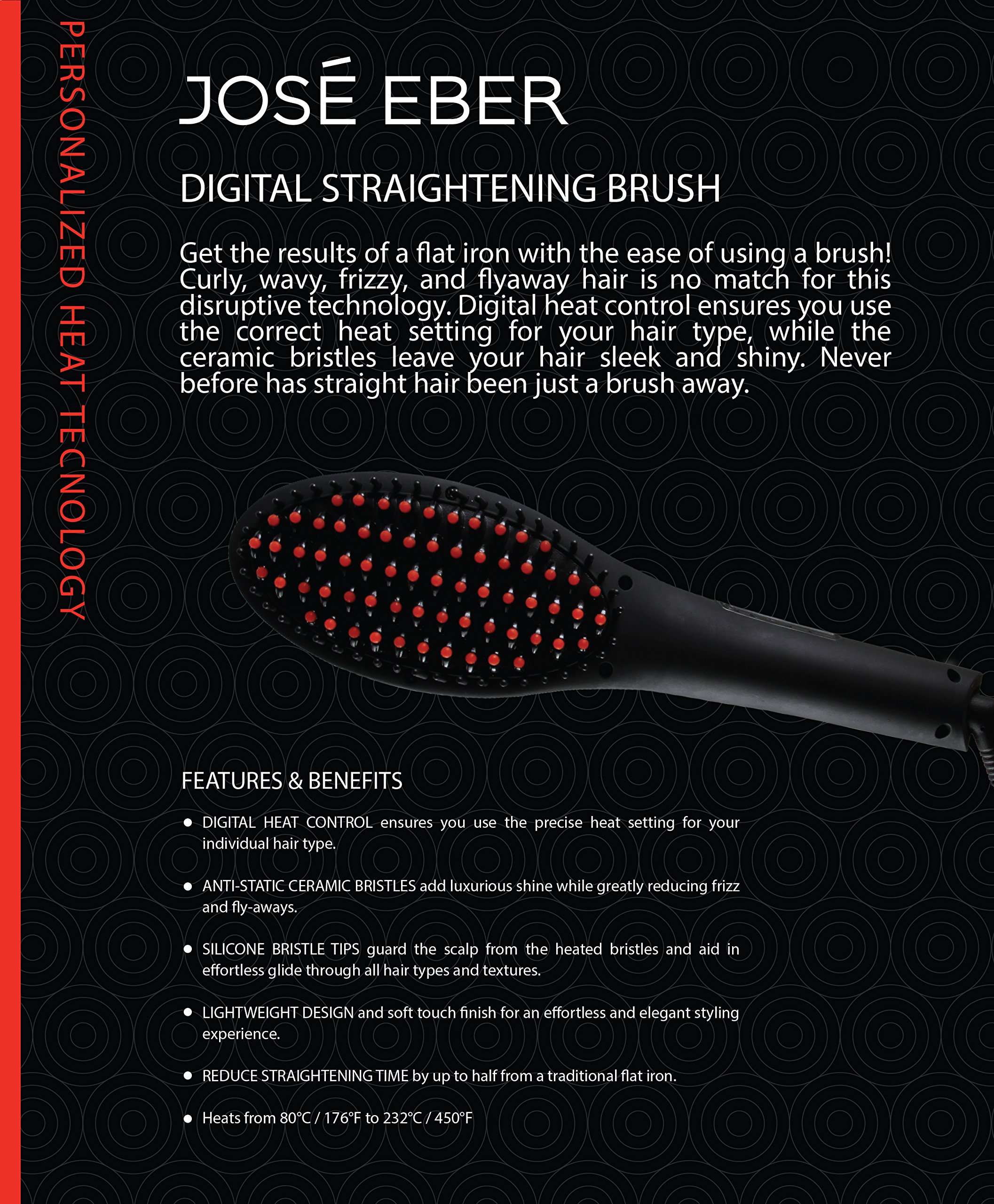 Original Jose Eber Digital Straightening Brush, Black, Dual Voltage