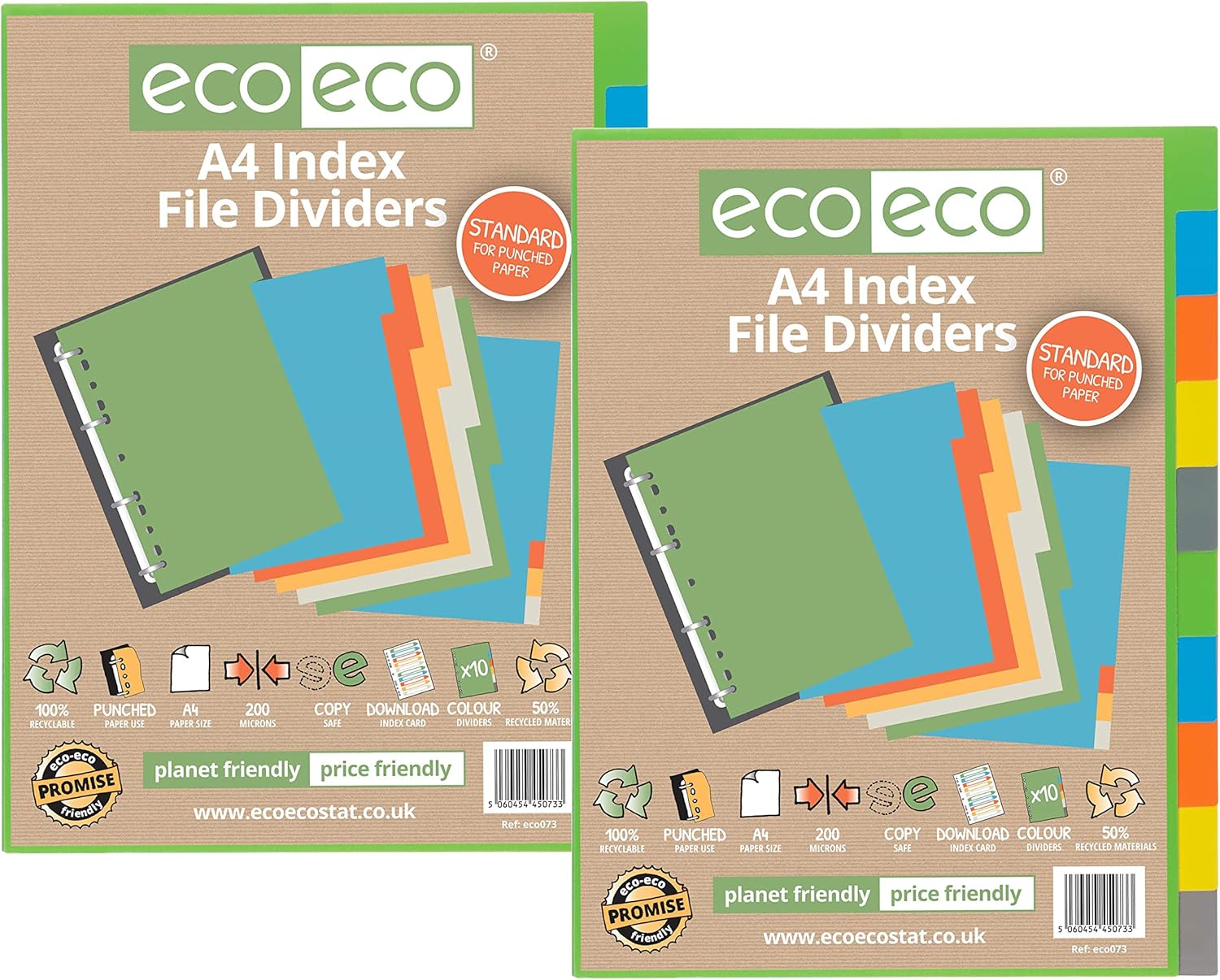 eco-eco A4 50% Recycled Multipunched Reinforced Colour Set 10 Subject Index File Dividers 200mic (Pack of 2) eco073x2