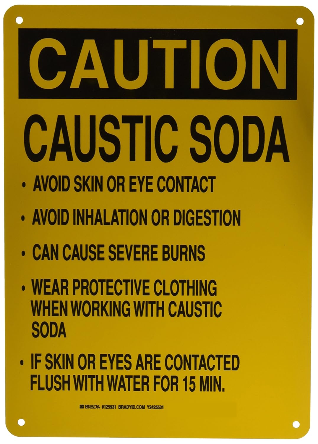 Brady 125931 Chemical Hazard Sign, Legend"Caustic Soda Avoid Skin Or