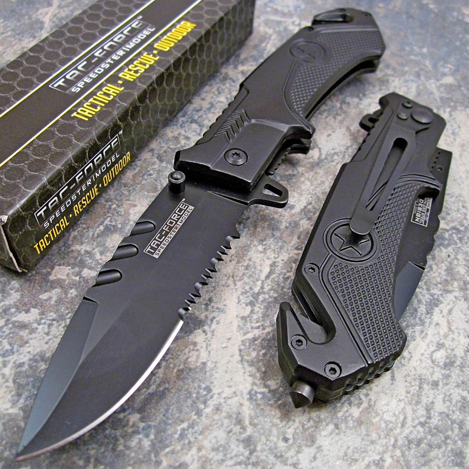 TACFORCE BLACK TACTICAL Spring Assisted Opening Folding RESCUE Pocket