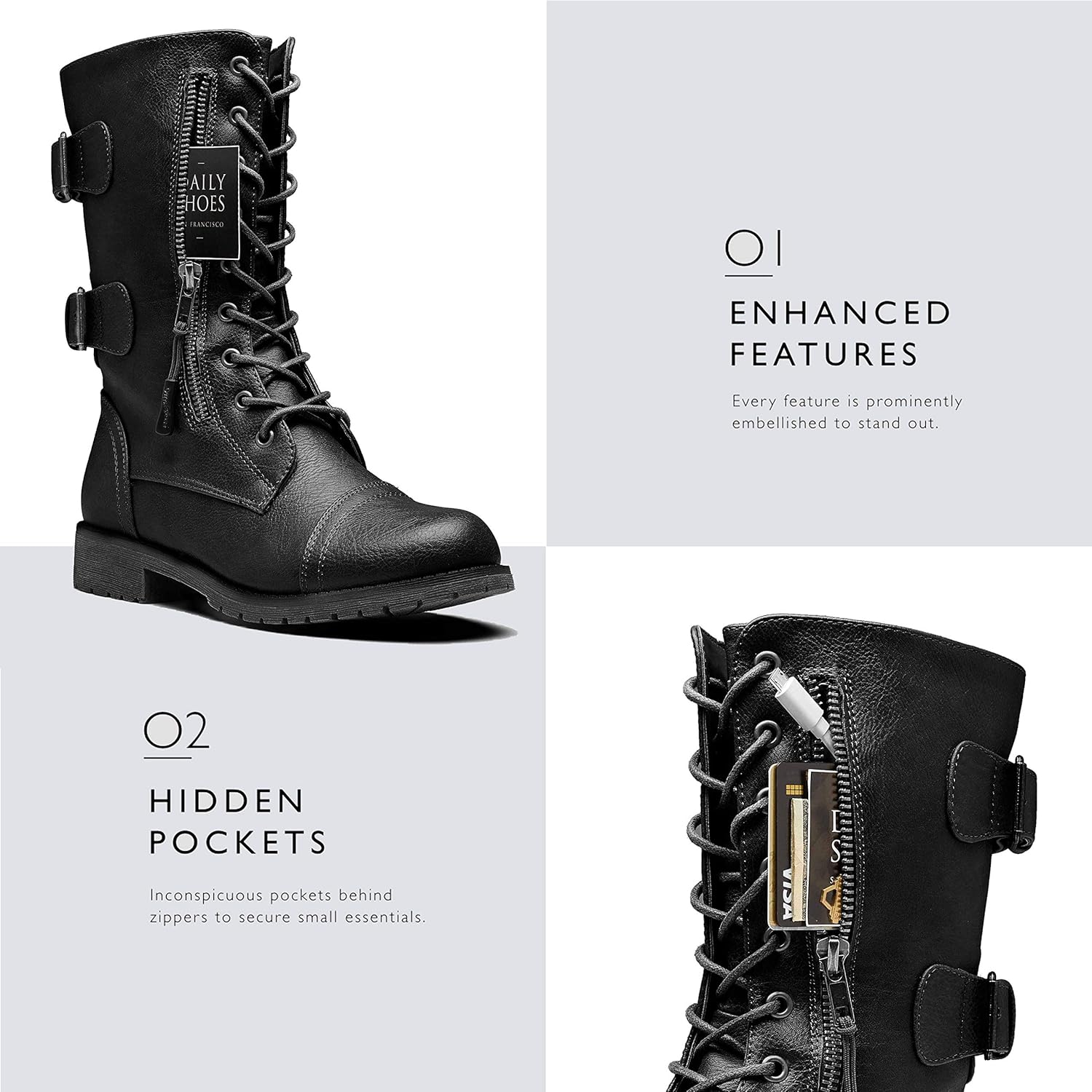 DailyShoes Women's Ankle Bootie High Lace up Military Combat Mid Calf Credit Card Knife Money Wallet Pocket Boots: Shoes