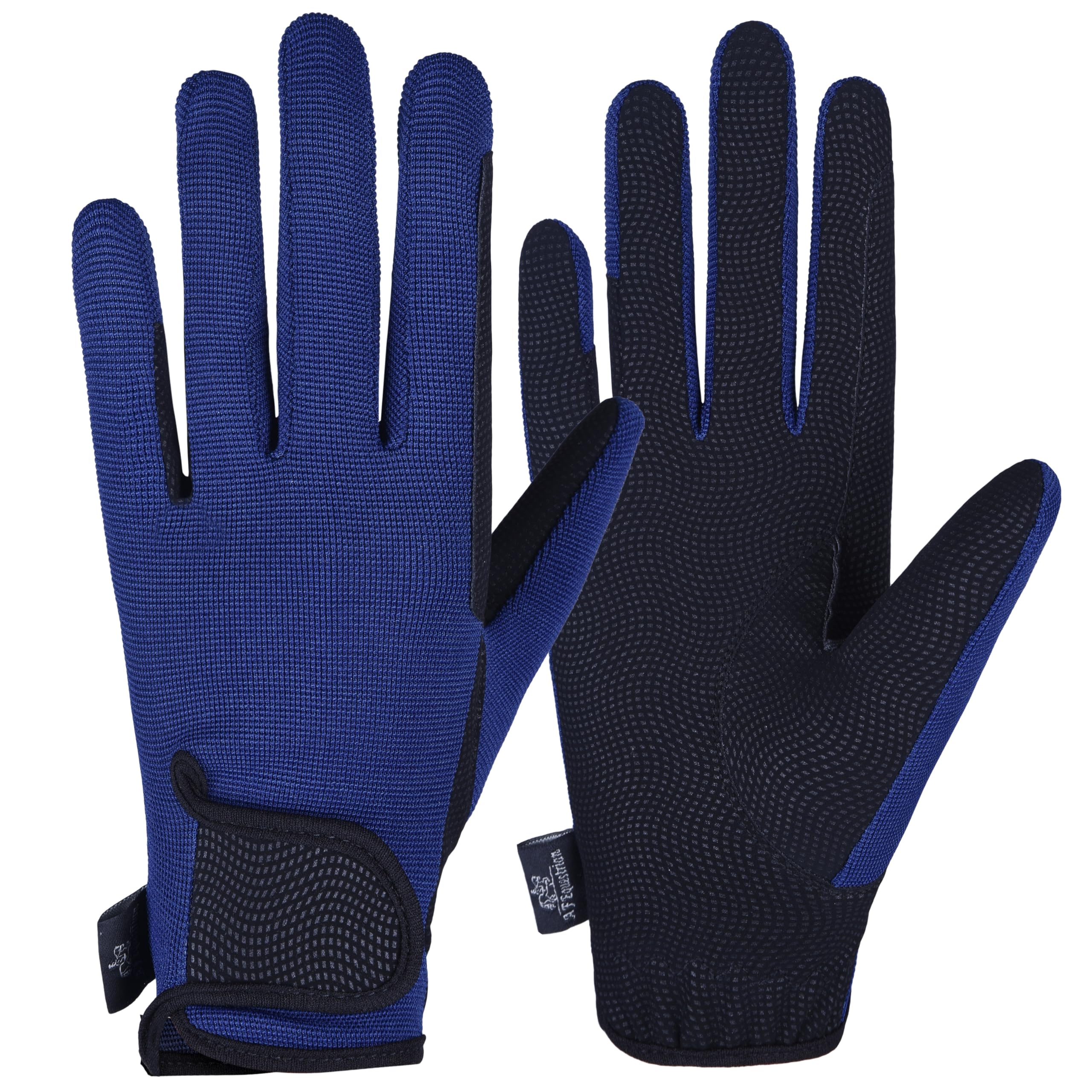 AFE Ladies Horse Riding Gloves Track Fabric Gloves Synthetic Leather Equestrian Black Stretch Fabric Navy Blue (Large)