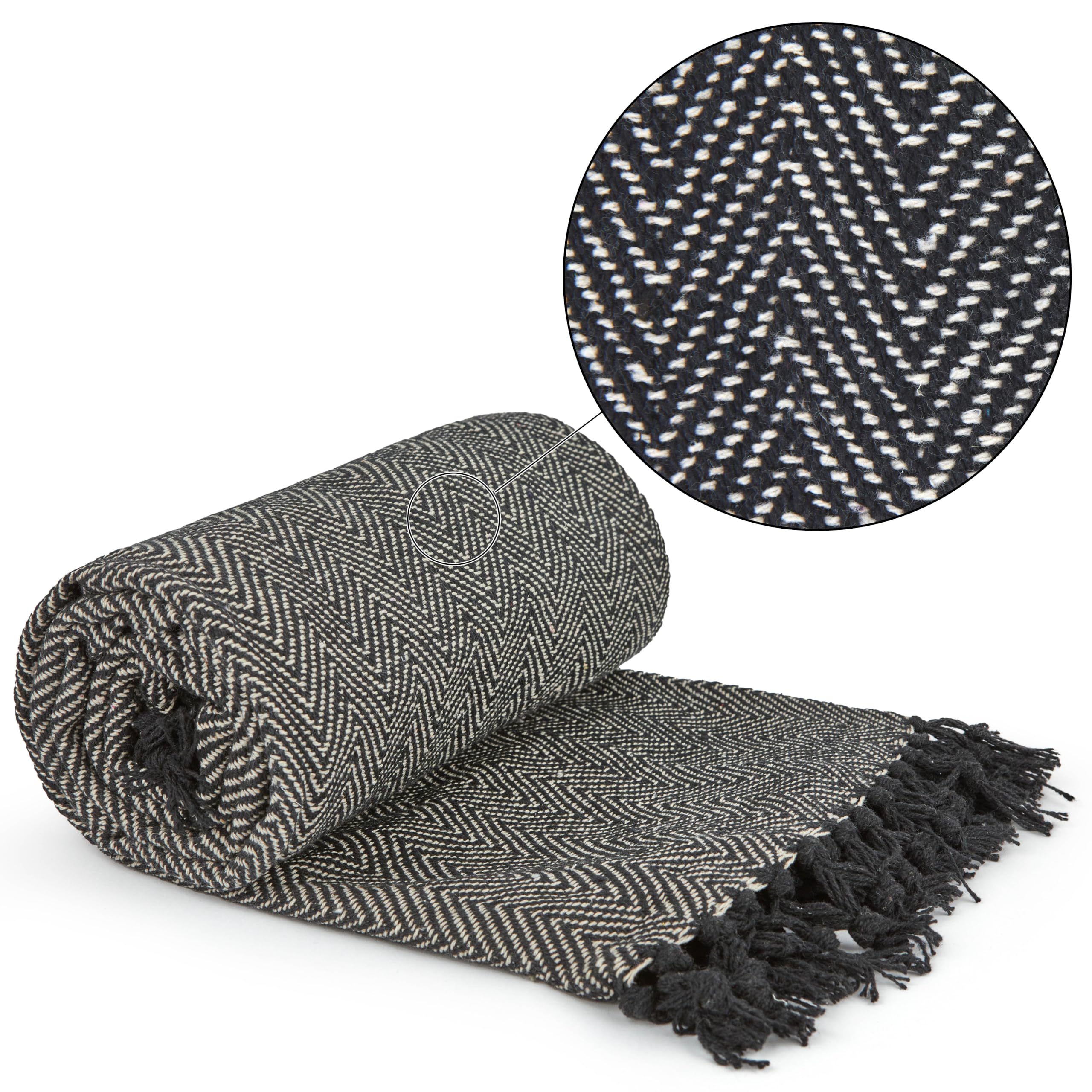 Emma Barclay Herringbone - Recycled Cotton Patterned Chair Sofa Setee Bed Throw Over Blanket in Black - 50x60 (127x152cm) — image 1