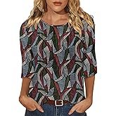 KISSMODA Women's Round Neck Pleated 3/4 Sleeve Tunic Top