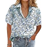 HOTOUCH Cotton Linen Button Down Shirt for Women V Neck Collared Blouse Casual Short Sleeve Tops with Pocket