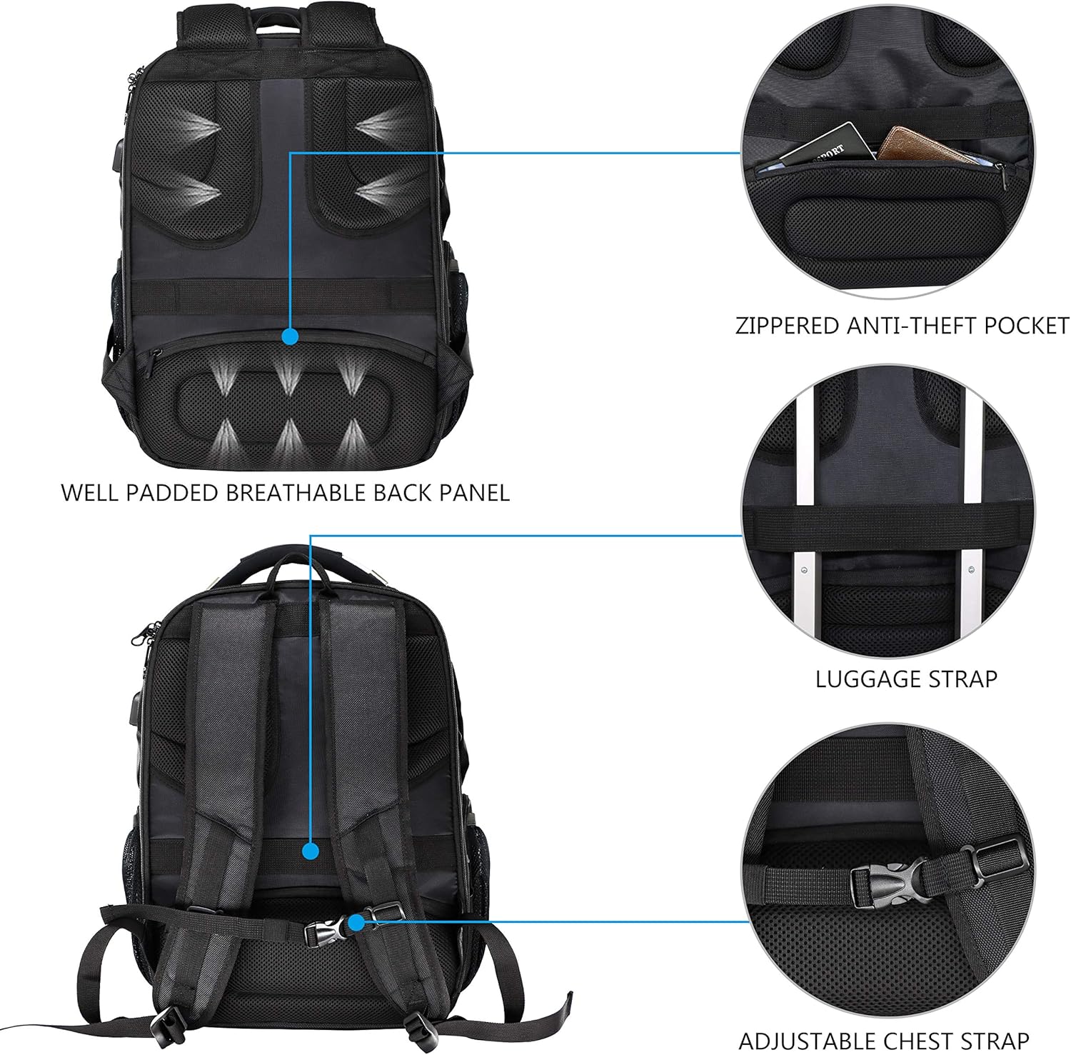 KROSER Travel Laptop Backpack 17.3 Inch XL Heavy Duty Computer Backpack Water-Repellent College Daypack Check Point Friendly Business Backpack with RFID Pockets & USB Port for Men/Women-Black: Computers & Accessories
