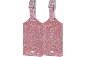 Gostwo 2 Pack Luggage Tags Leather Case Luggage Bag Tags Travel Tags(Glitter Rose Gold)