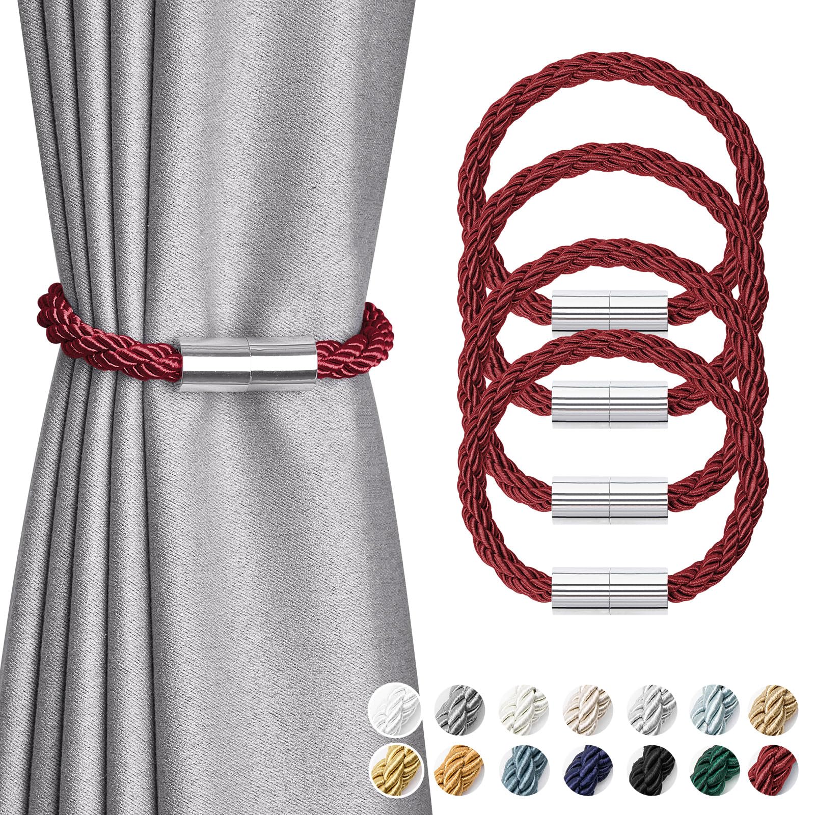 Pretty Jolly 4 Pack Mini Magnetic Curtain Tiebacks Modern Simple Style Drape Tie Backs Elegant Decorative Weave Rope Curtain Holdbacks for Home & Office Thin Window Draperies (Wine Red)