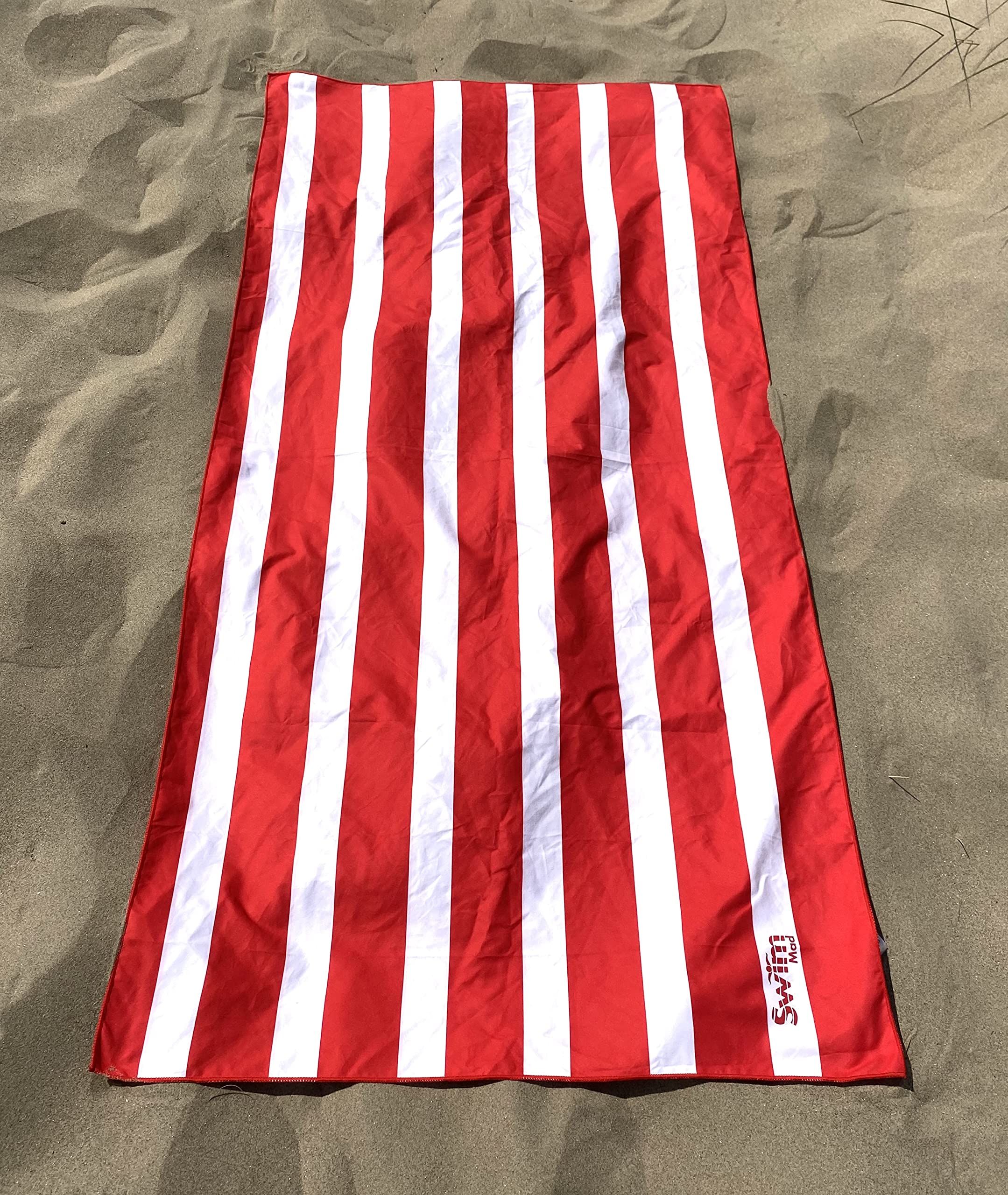 SwimMad Beach Towel 200x90cm XL, Quick Dry, Sand Free, Compact, Lightweight Microfibre for Travel - Cabana Stripes (Red, Extra Large (200x90cm))