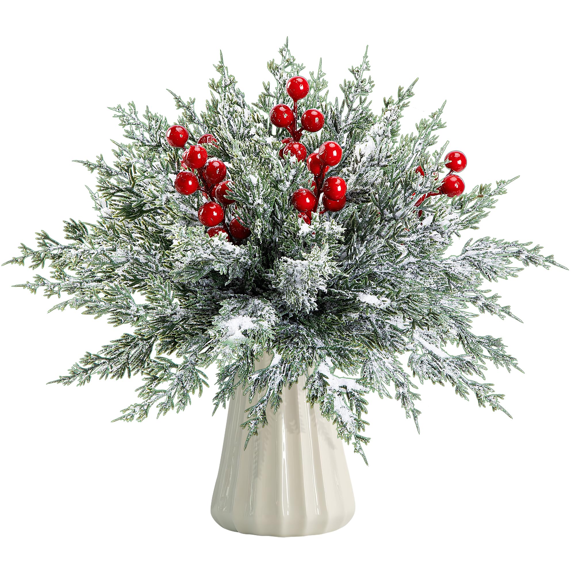 Photo 1 of 45 Pcs Artificial Christmas Snow Pine Branches with Red Berry Stems, Snowy Faux Greenery Norfolk Pine Cypress Leaves Stems, Berries White Frosted Fake Foliage Pines Needle Picks for Garland Home Decor