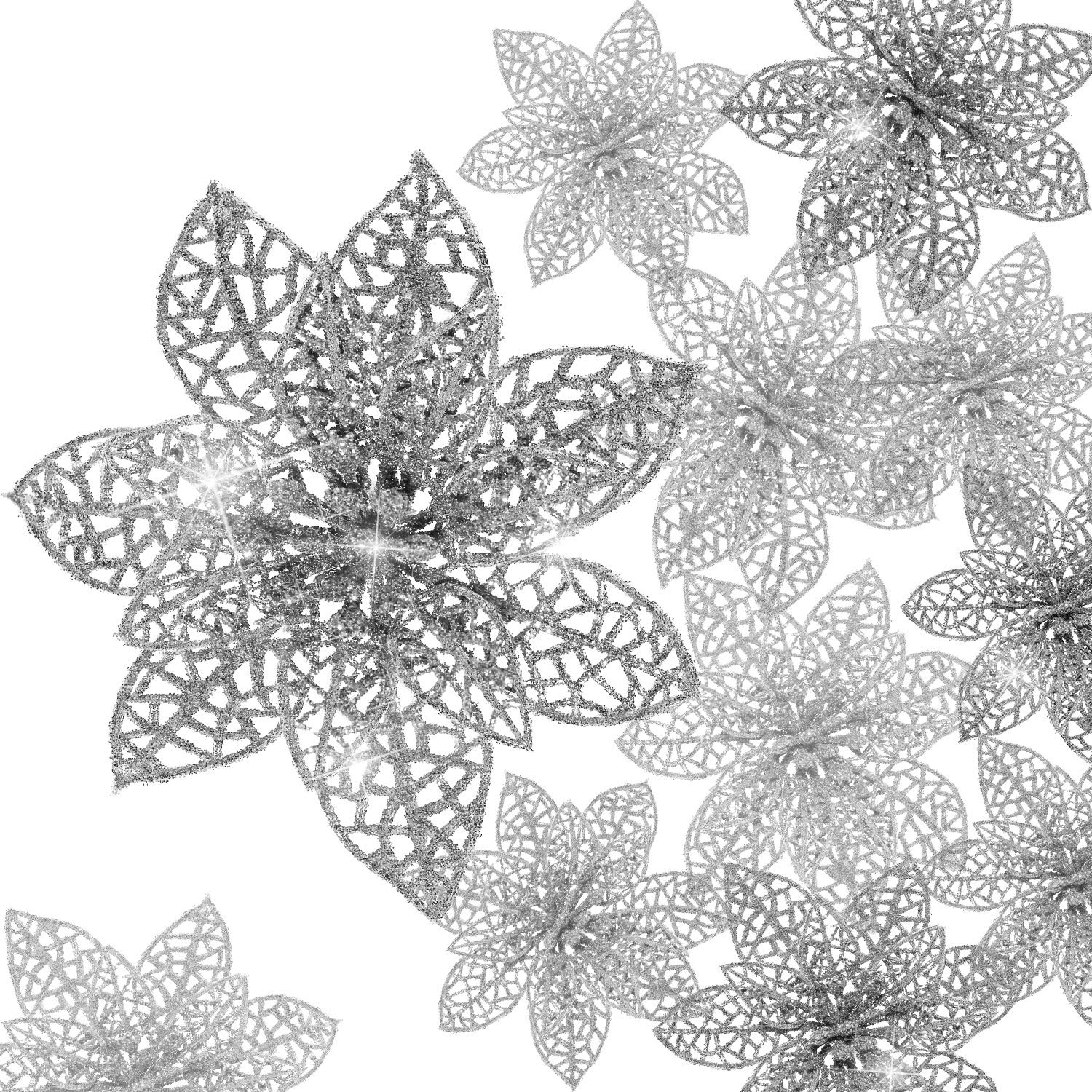 Boao 24 Pieces Glitter Poinsettia Christmas Tree Ornament Christmas Flowers Decor Ornament, 3/4/6 Inches (silver)