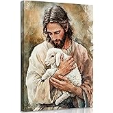 MIVASIJO Jesus and Lamb Canvas Wall Art Christian Wall Decor Jesus Wall Painting Inspirational Biblical Stories Prints Religious Picture Decoration for Living Room Bedroom Church 12x16 in