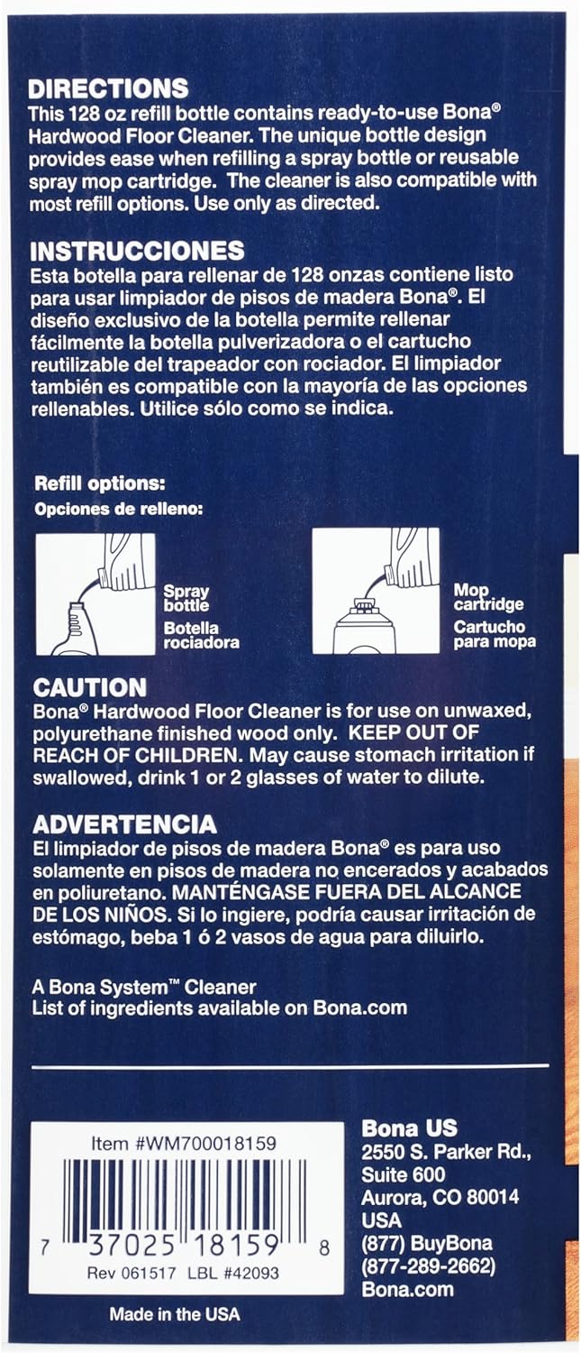 Bona Hardwood Floor Cleaner Refill, 128 Fl Oz (Pack of 1), Clear: Health & Personal Care