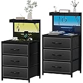 SZLHANJZ LED Nightstand Set of 2, Dresser Nightstand with 3 Drawers and Type C Charging Station, Storage End Table with Shelf and Hooks, Large Bedside Table for Dorm Bedroom, Black