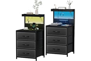 SZLHANJZ LED Nightstand Set of 2, Dresser Nightstand with 3 Drawers and Type C Charging Station, Storage End Table with Shelf and Hooks, Large Bedside Table for Dorm Bedroom, Black