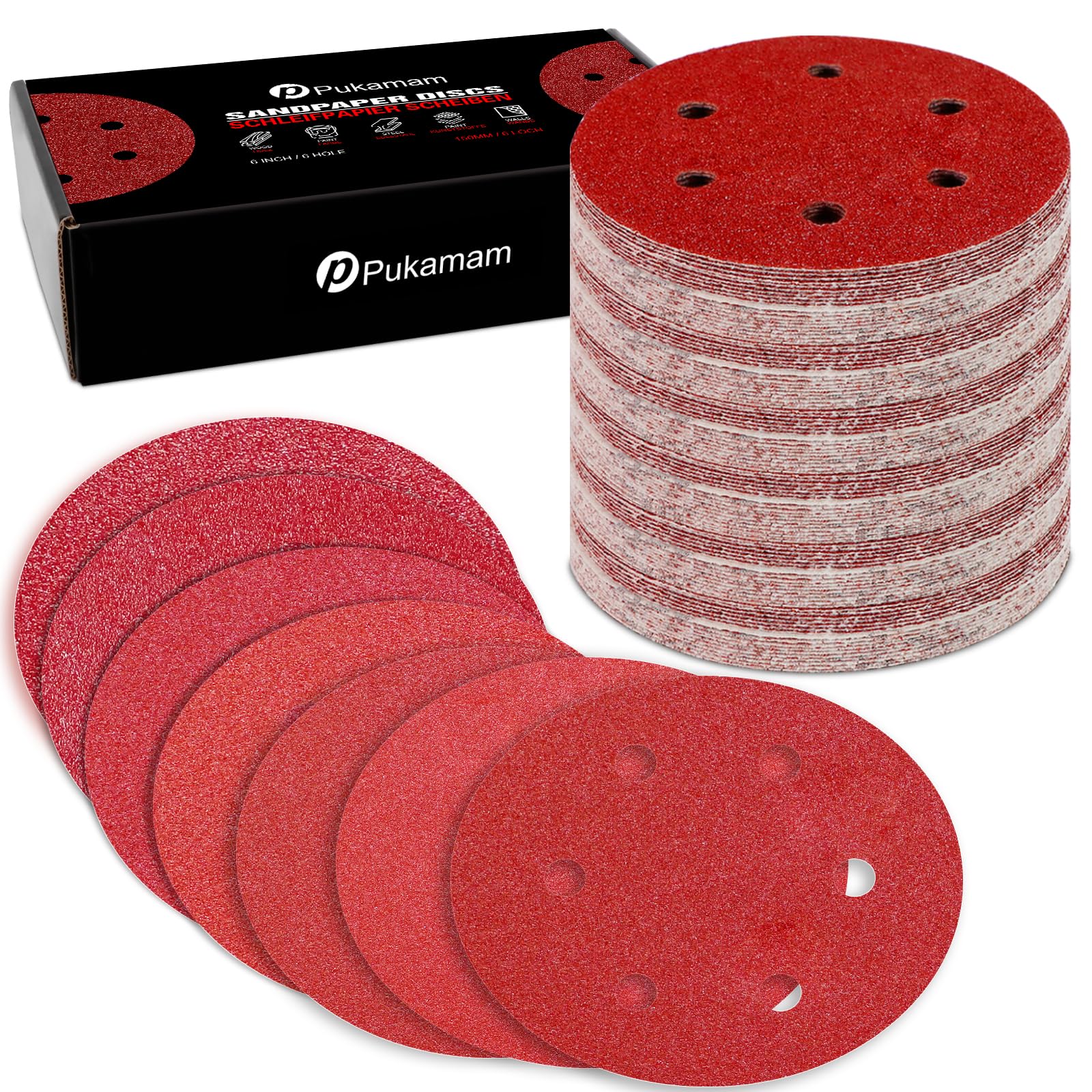 Photo 1 of Pukamam 105 Pcs 6 inch Sanding Discs 60 80 120 180 240 320 400 Grit 6 Hole Hook and Loop Round Sandpaper for Random Orbital Sander