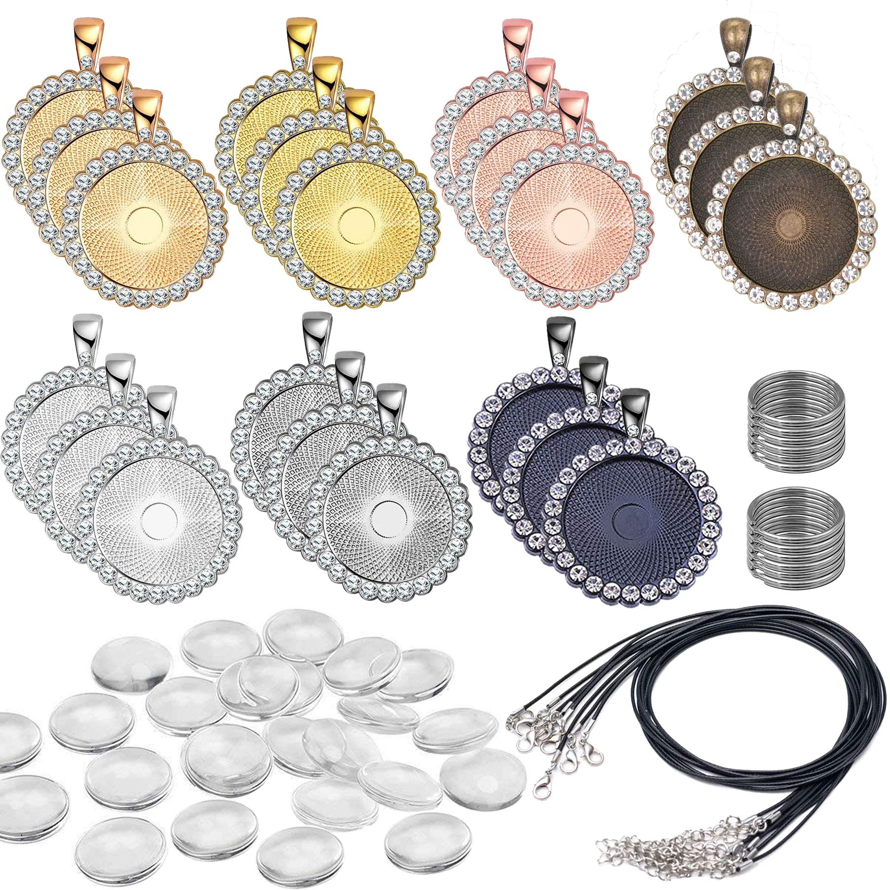 Allazone 62PCS 25MM Rhinestone Bezel Pendant Trays 21PCS Round Rhinestone Bezel Cabochon Trays with Clear Glass Cabochons, Keychain and Black Wax Rope for DIY Jewelry Crafts Making