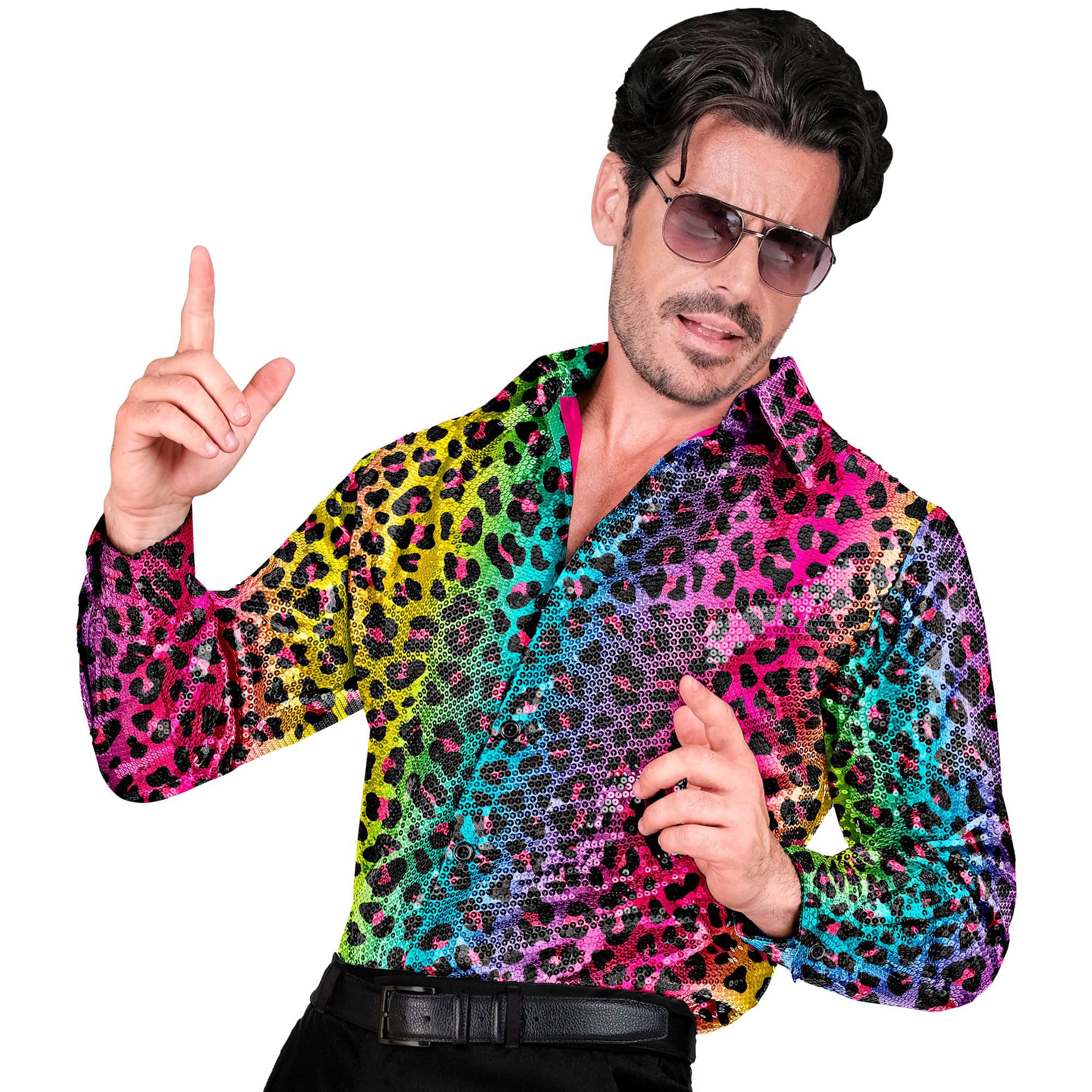 Widmann - Party Fashion Sequin Shirt Men Rainbow Leopard Print Disco Fever Strike Movie Mens Shirt
