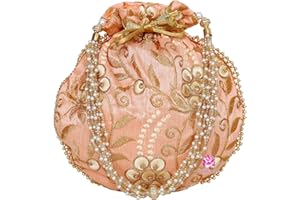 EKAVYA Potli Bag for Women Ethnic Gold, Pearl Handle Floral Accents, Drawstring Closure Pearls Handle Batwa Clutch Purse